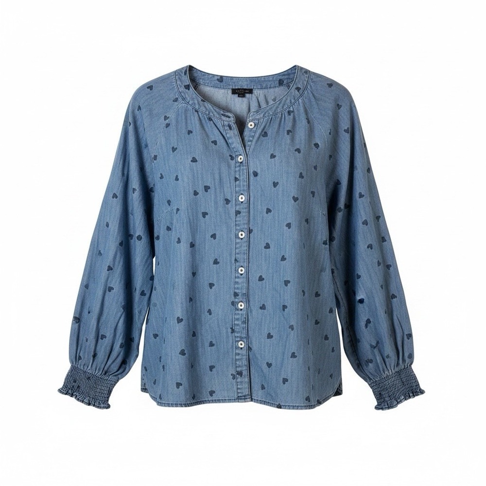 Talbots Denim Peasant Blouse Womens LP Blue Heart Print Smocked Cuff Cotton